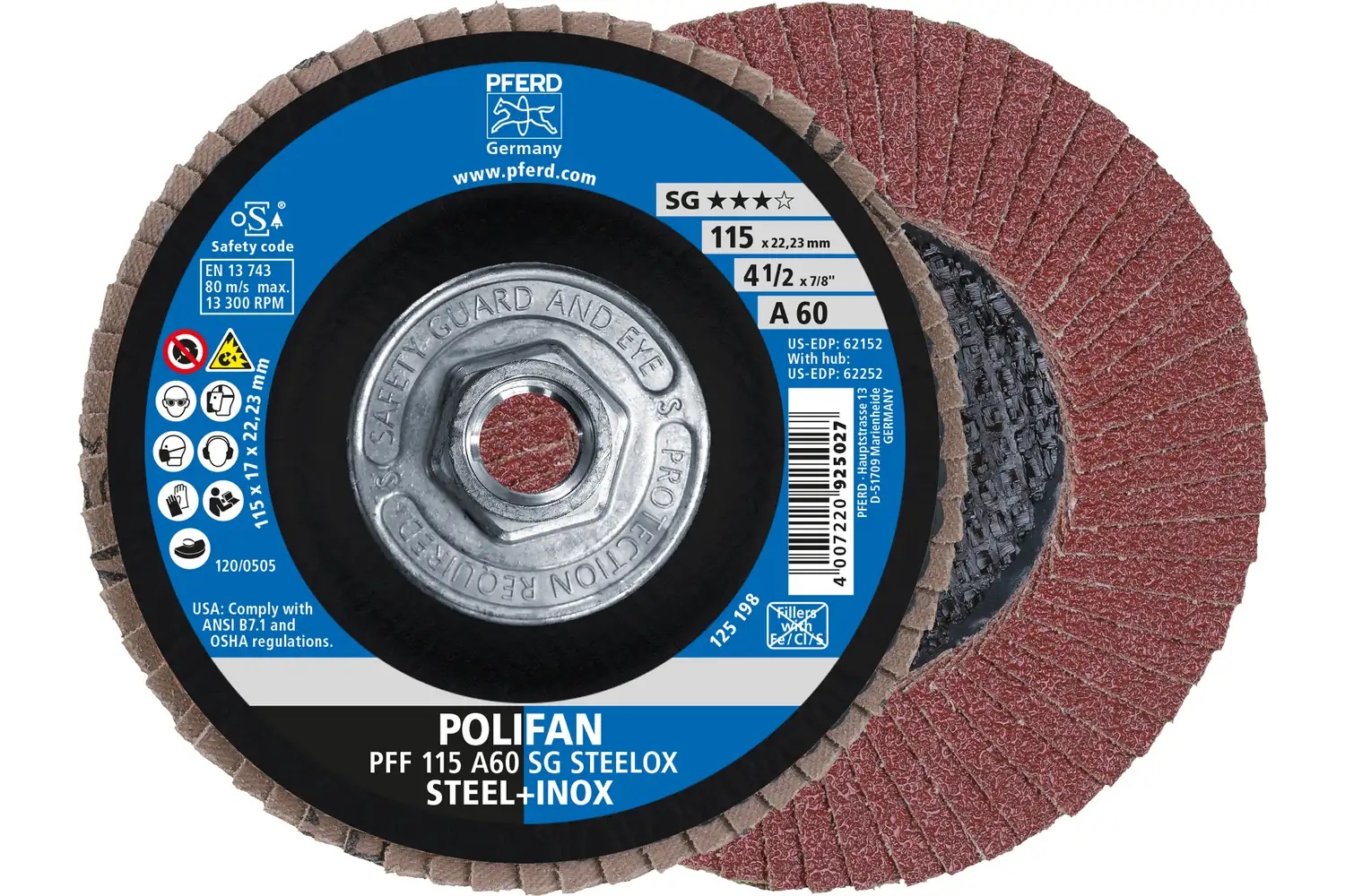 Picture of Pferd Flap Disc, 4-1/2" x 5/8-11, A SG Steelox, 60 Grit, T27, Flat, Aluminum oxide